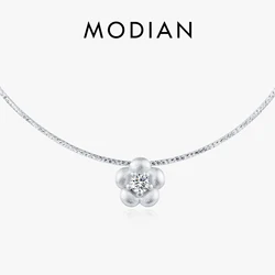 MODIAN Solid 925 Sterling Silver Fashion Frosted Flower CZ Snake Chain Pendant Necklace For Women Party Fine Jewelry