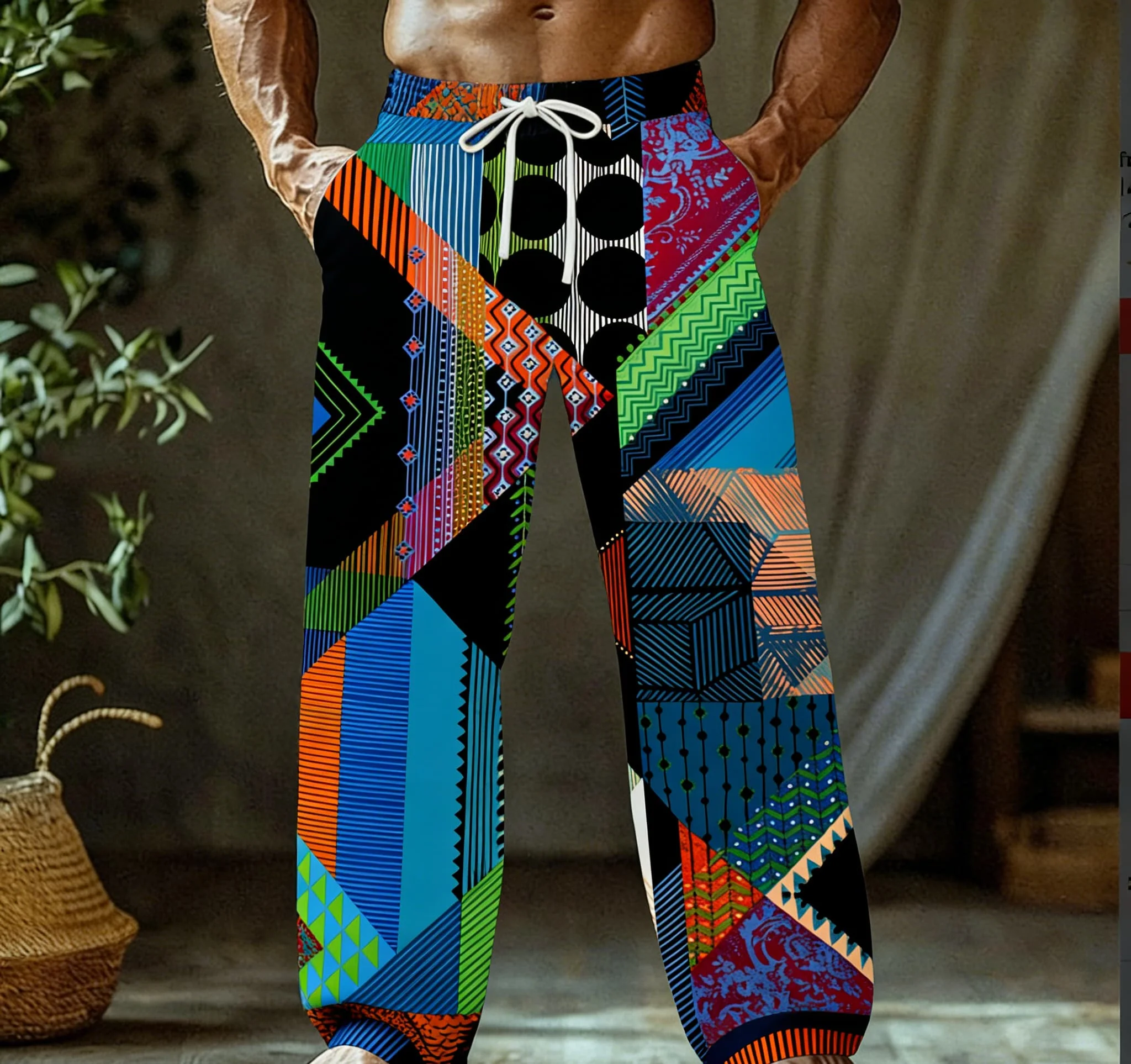 

Мужские летние тонкие быстросохнущие гавайские пляжные брюки с этническим/бохо-принтом в стиле пэчворк