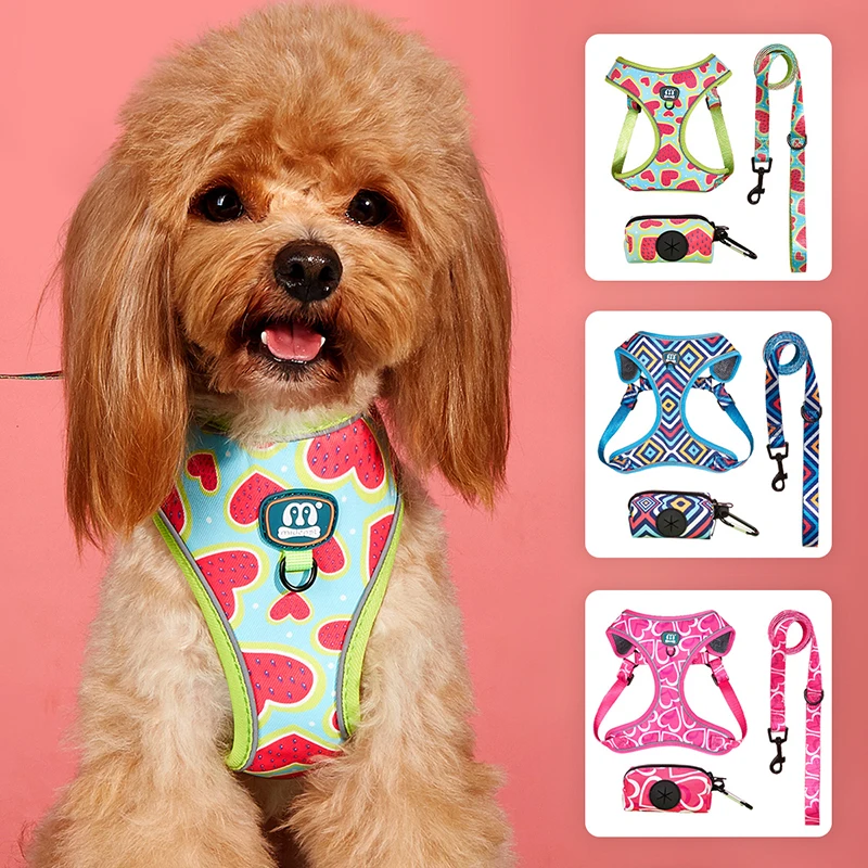 

3 Pcs/Set Love Heart Adjustable Dog Chest Strap Harness Walking Leash Color Matching Traction Rope Garbage Bag For Puppy Supplie