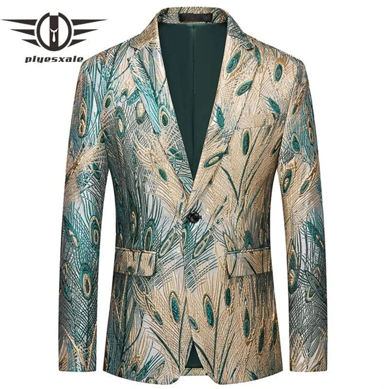 

Plyesxale Stylish Peacock Pattern Jacquard Blazer Men High Quality Mens Blazers Jackets 2024 One Button Casual Prom Wear Q1528