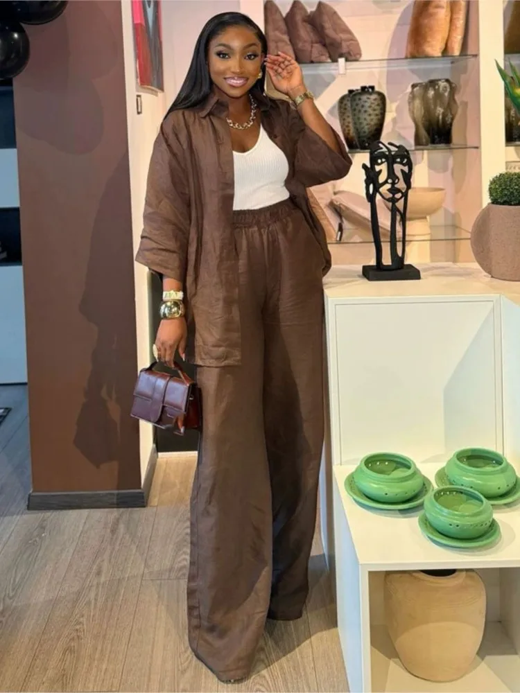 

Модный однотонный комплект, женская весенняя рубашка с длинным рукавом и отложным воротником, топ + широкие брюки, комплект из 2 предметов, офисный женский брючный костюм