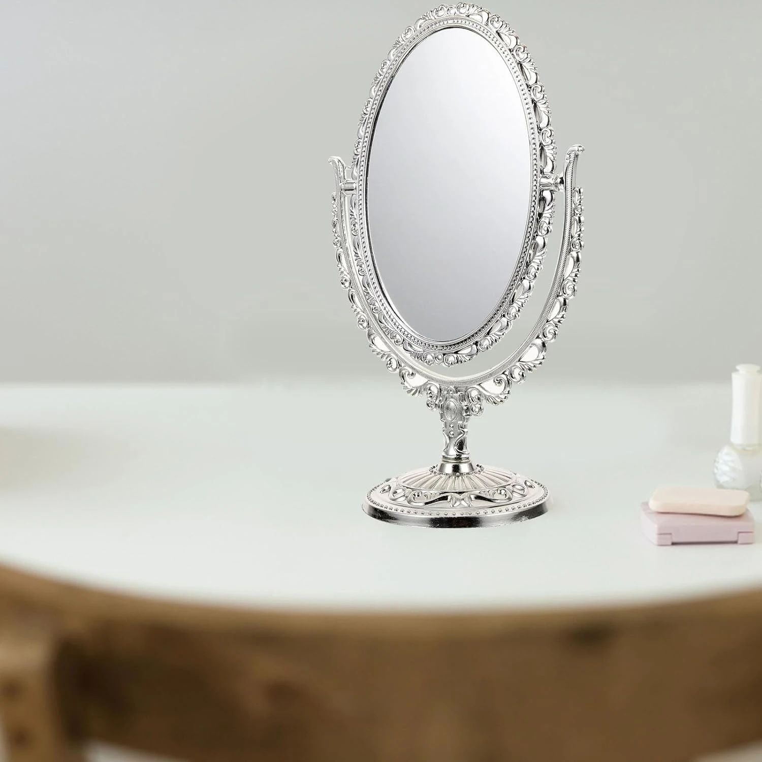 Vintage Silver Tabletop Makeup Mirror - Double-Sided, Swivel Stand, Oval Frame, Stylish and Elegant Cosmetic Mirror for Bathroom