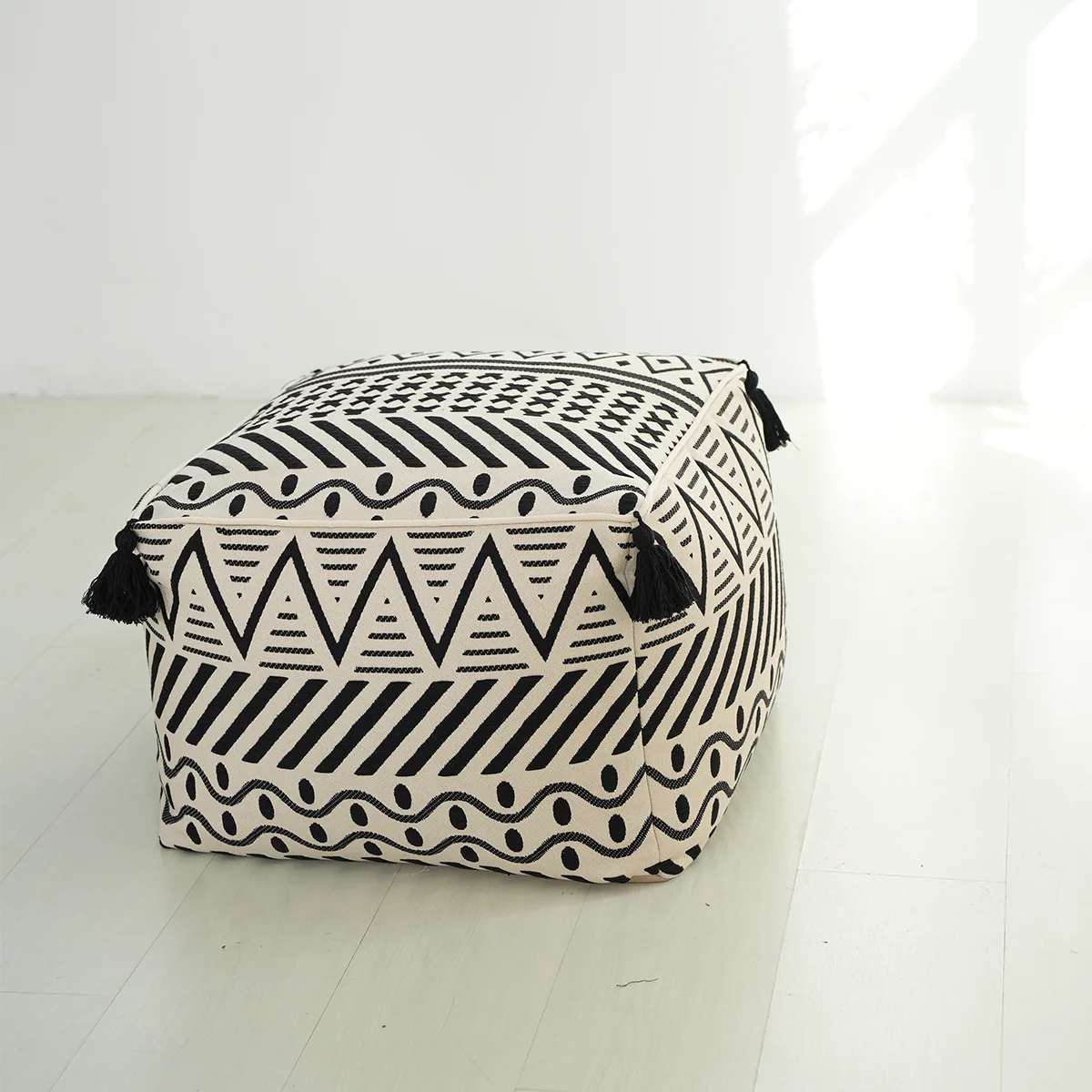 Bohemian Style Black & White Patterned Pouf with Black Tassels, Square Ottoman for Living Room ,bedroom As Home Decor No Filler