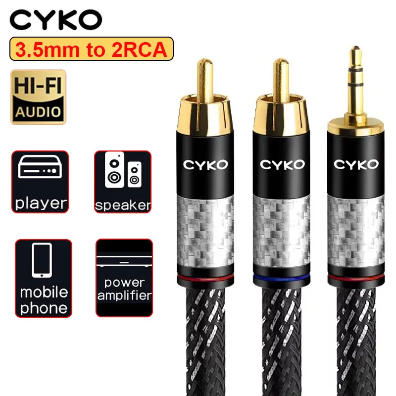 CYKO Audio Cable Hifi 6N OFC 3.5mm To 2RCA Cables Aux Gold-plated Plug Male To Male for Computer Speaker Mobile Phone