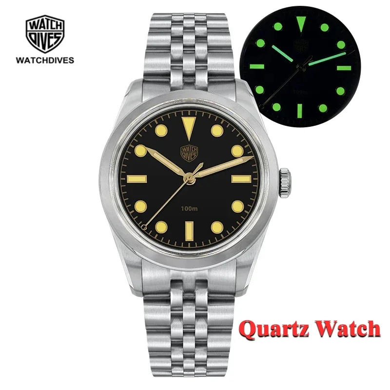 Watchdives wd1950s 36mm relógio de quartzo c3 bolha super luminosa k1 cristal vh31 movimento 100m à prova dwaterproof água retro vestido relógio de pulso