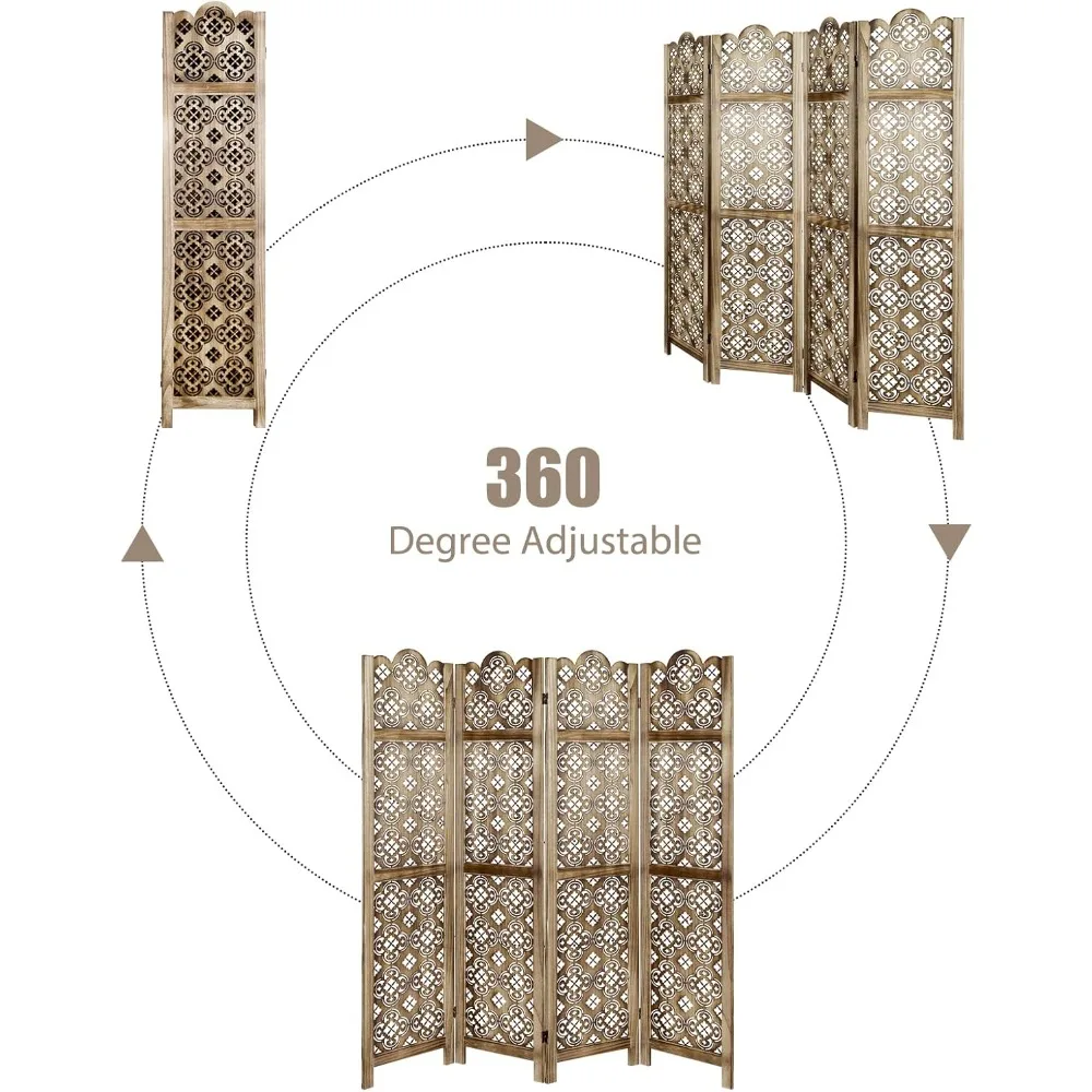 4 Panel Cutout Room Divider Fully Assembled 5.6Ft Wooden Room Divider and Folding Screens, Carved Room Divider Screen