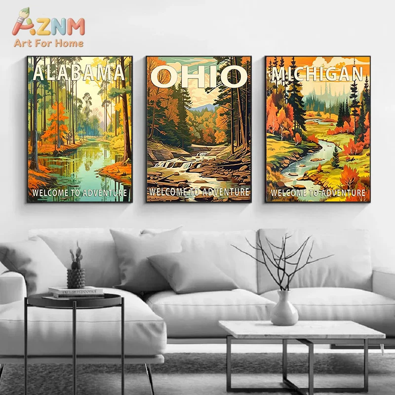 AZNM Vintage US State Travel Canvas Poster Frameless Wall Art America Mountain River Forest Scenery Retro Adventure Landscape Pr