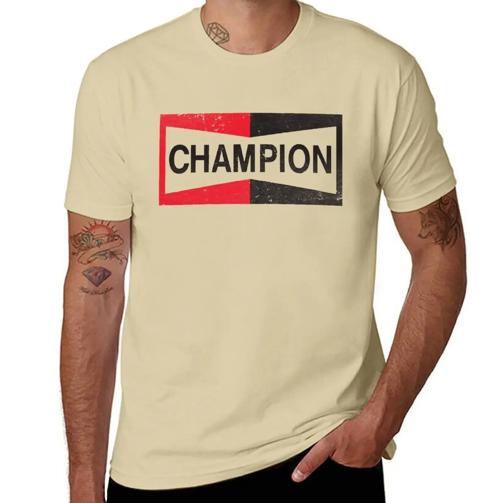 Summer Tops Tee Shirt Short Sleeve Fitted T Shirts for Men New CHAMPION - Spark Plug Retro Distressed Emblem - Cl T-Shirt Cotton