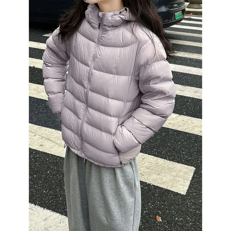 

Women Zipper Hooded Down Jacket Winter White Duck Down Drawstring Lightweight Cold-Proof Warm Short Coat