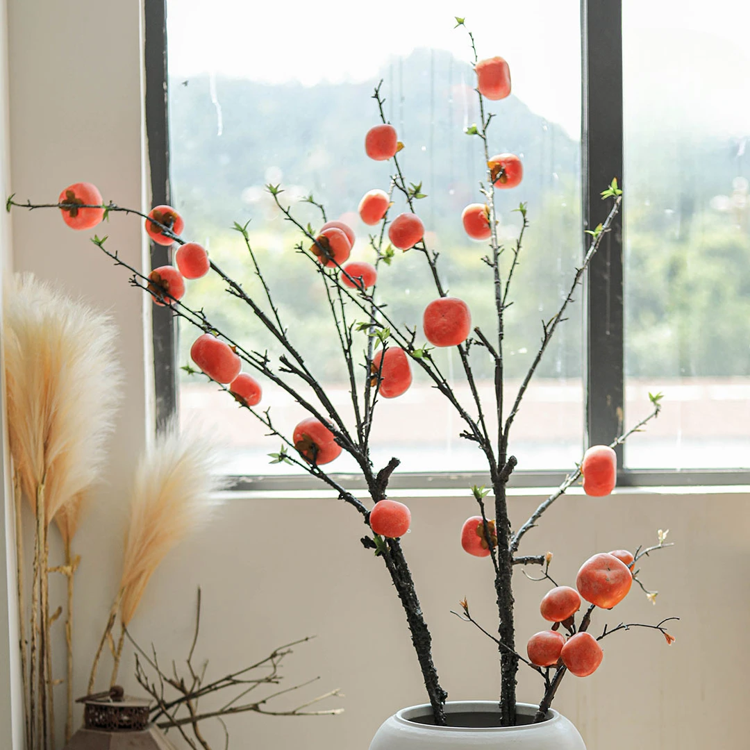 

The product can be customized.Large simulation flower with frost persimmon fruit living room, floor to ceiling vase