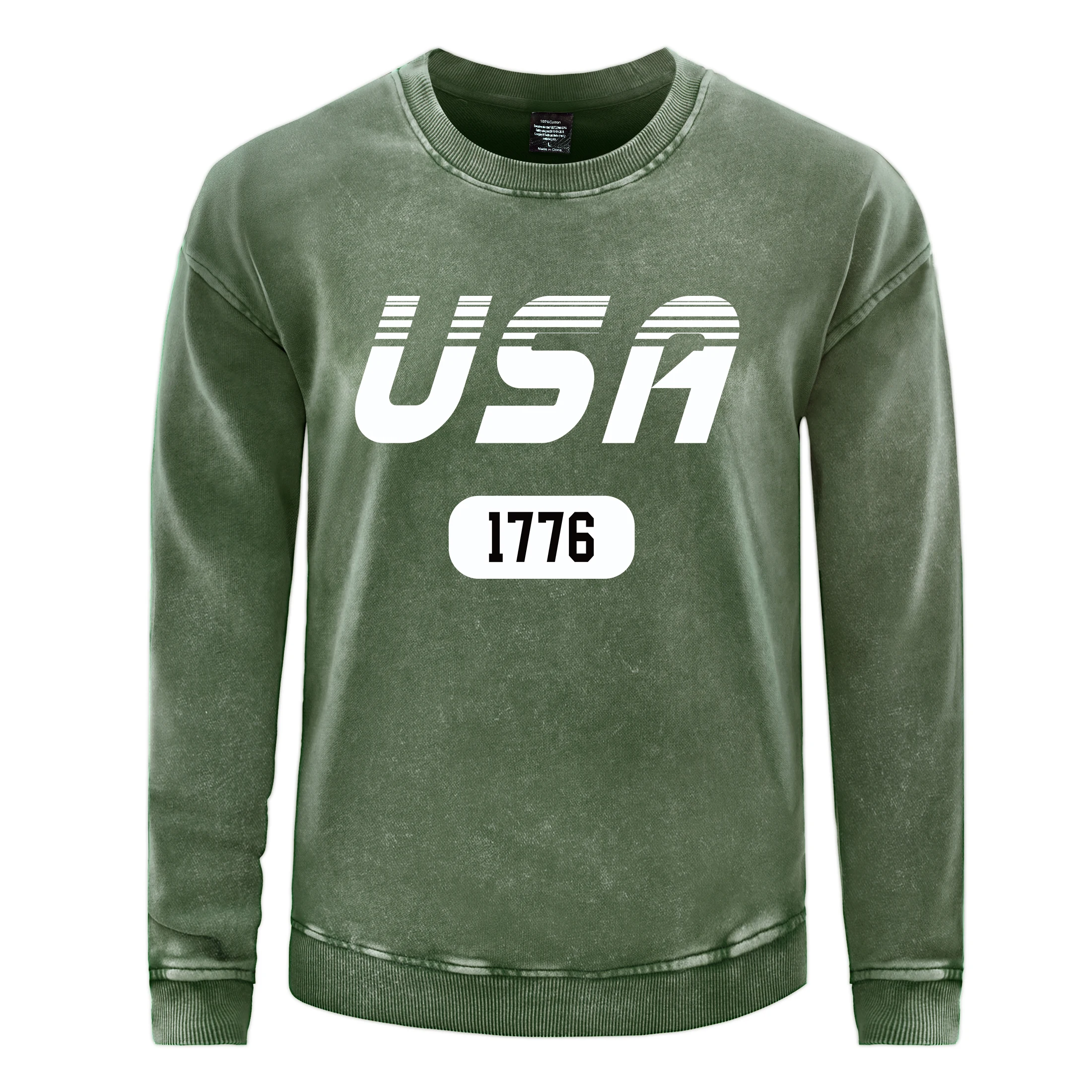 

Usa 1776 Letter Printing Men Distressed Washed Street Sweatshirt Fashion Basic Warm Hoodie Retro Autumn O-Neck Cotton Clothes