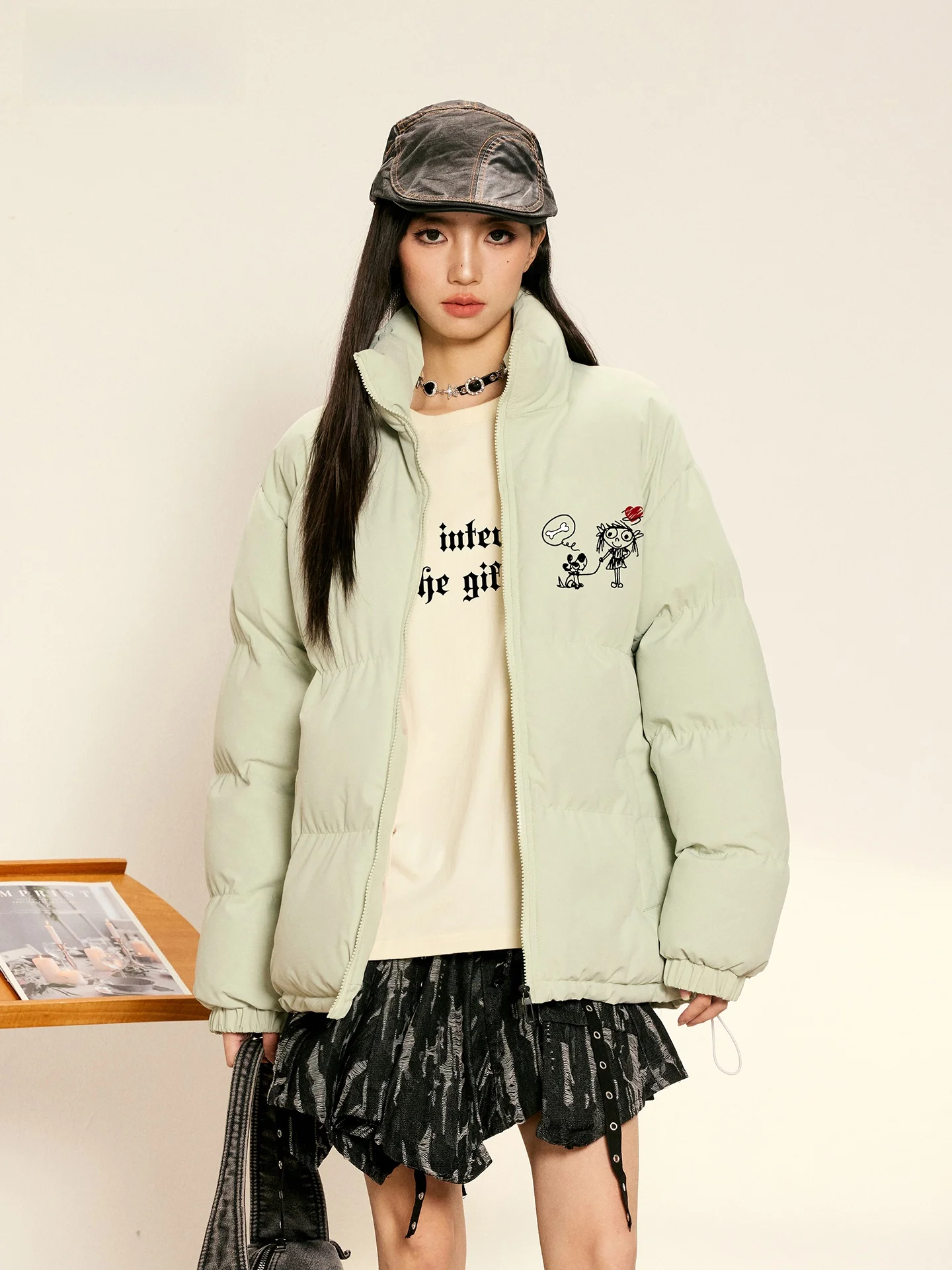 

Утепленная хлопковая куртка с принтом ручной работы, воротником-стойкой, повседневная, для отдыха, женская верхняя одежда, зимняя теплая одежда, одежда для девочек