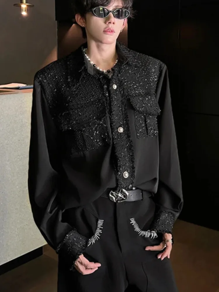 Niche Design Men's Shirts Lapel Patchwork Pearl Single Breatsed Tassel Tops Casual Solid Color Loose Male Shirt Trend BGY7