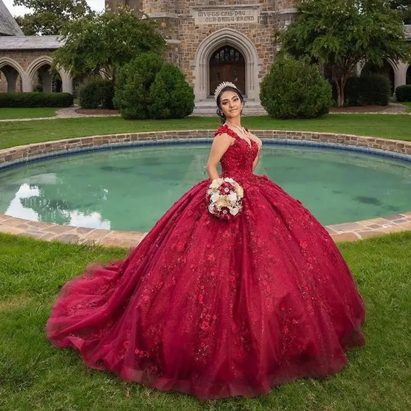 Lorencia-vestido De baile rojo con hombros descubiertos, quinceañera, apliques De flores 3D, cuentas, dulce 16, 15 Años, YQD627