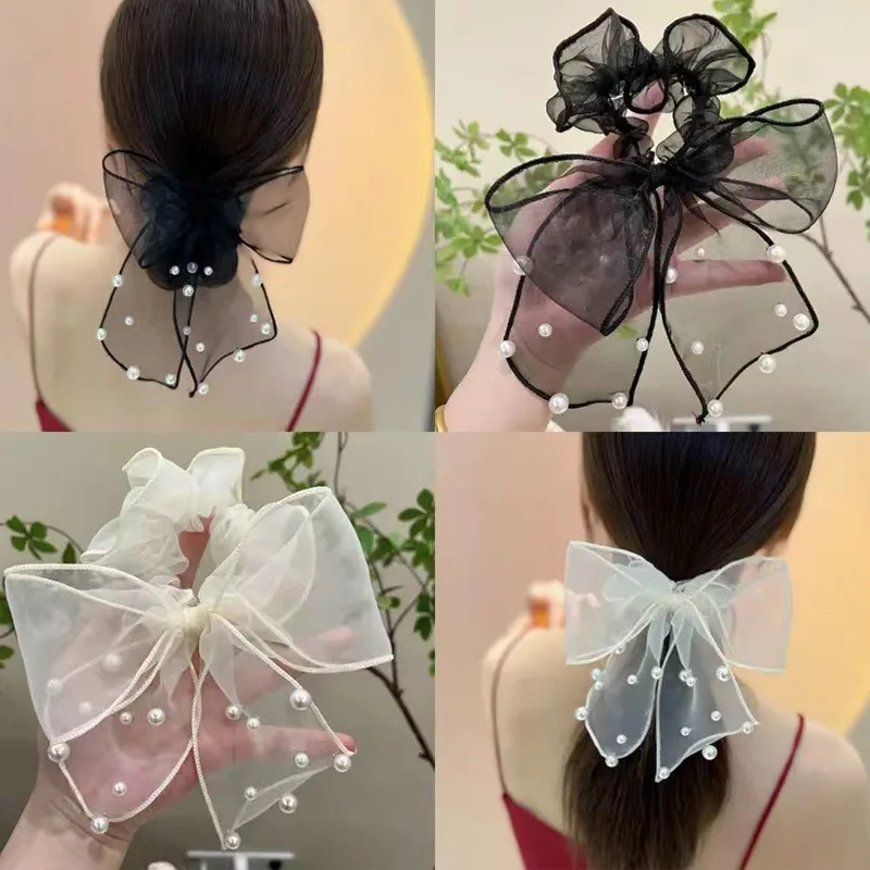 Lace Bow Hair Scrunchie for Women Girls Fairy Mesh Hairclip Hairgrips Hair Ring Rubber Band Ribbon Hair Accessories Lolita Bow