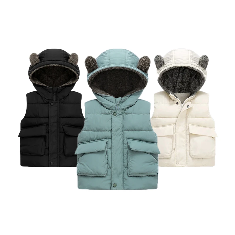 

2-6 Years Autumn Winter Boys Vest Bear Ears Solid Color Keep Warm Little Princess Girls Waistcoat Hooded Boys Coat Kids Clothes