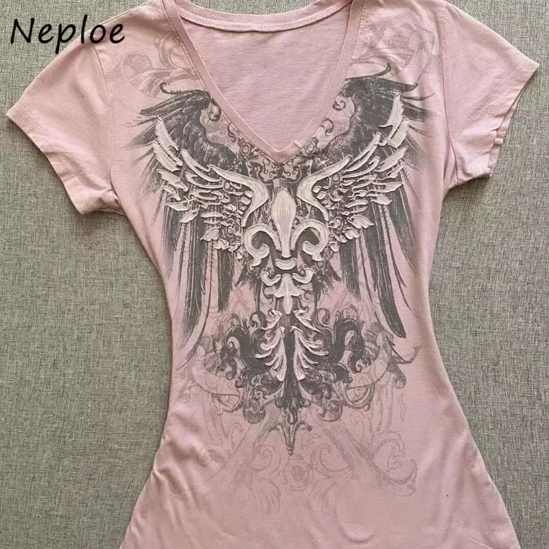 Neploe  2025 Summer Pink V-Neck Short Sleeve Slim Fit Waist Cinching Top American Vintage Fairycore Streetwear 2000S Y2K T-Shirt