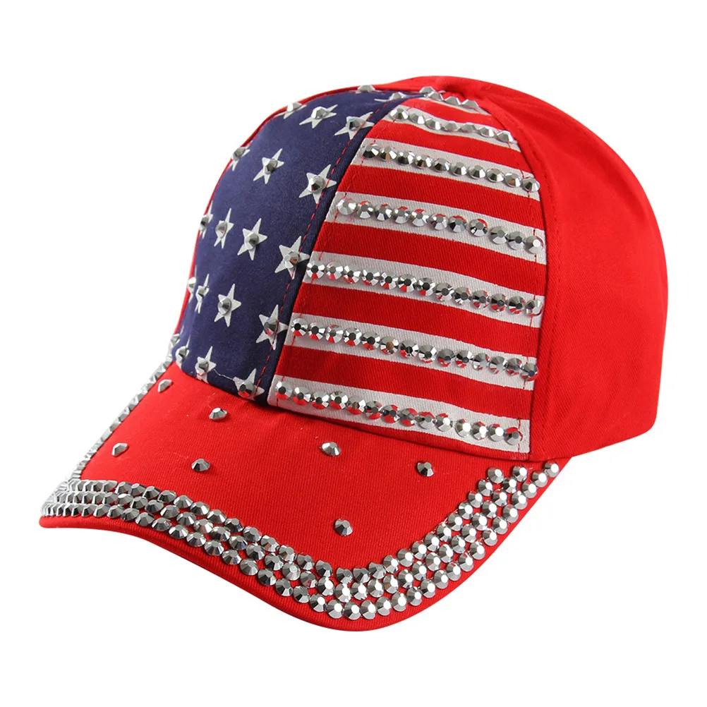 

Bling American American Baseball Women Baseball Cap Women Red Rhinestone Hat Patriotic 4th July Memorial Sports