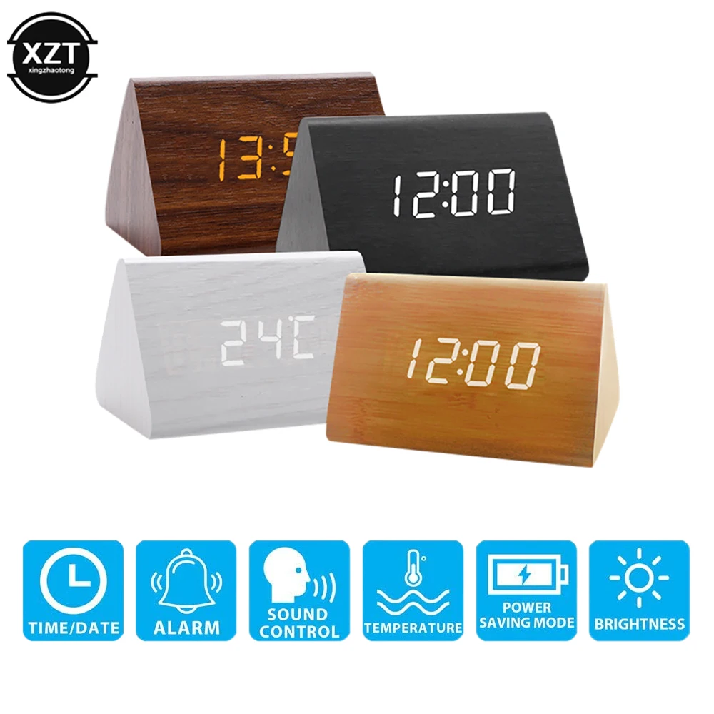 Digital Clock LED Wooden Alarm Clock Table Sound Control Electronic Clock Desktop USB/AAA Powered Home Table Decoration Supplies