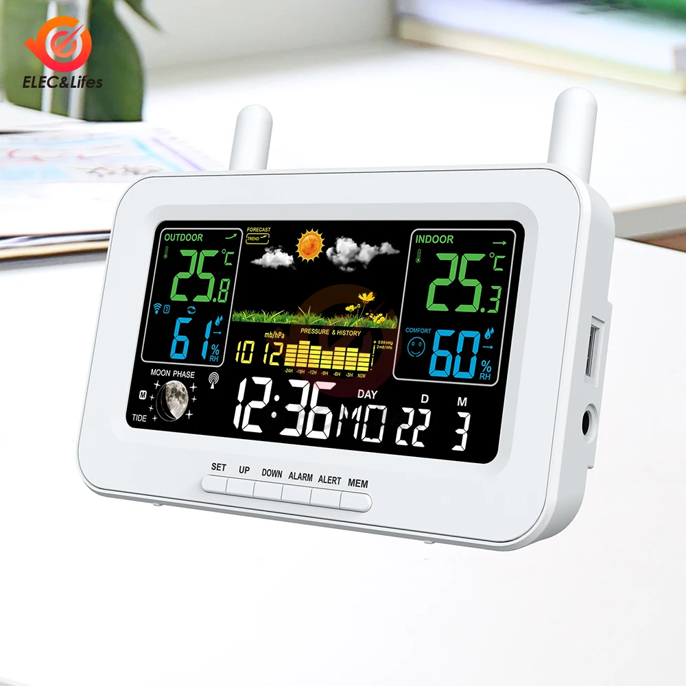 LCD Electronic Alarm Clock Calendar Indoor Outdoor APP Control Weather Station Clock Digital Temperature Humidity Monitor