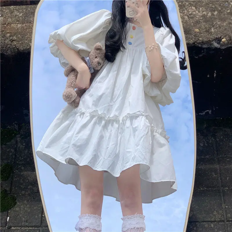 Japanese Sweet Dress Women Cute Puff Sleeve Blue Loose Mini Dress Women Summer Kawaii Style Vintage Fairy Dress New 2022