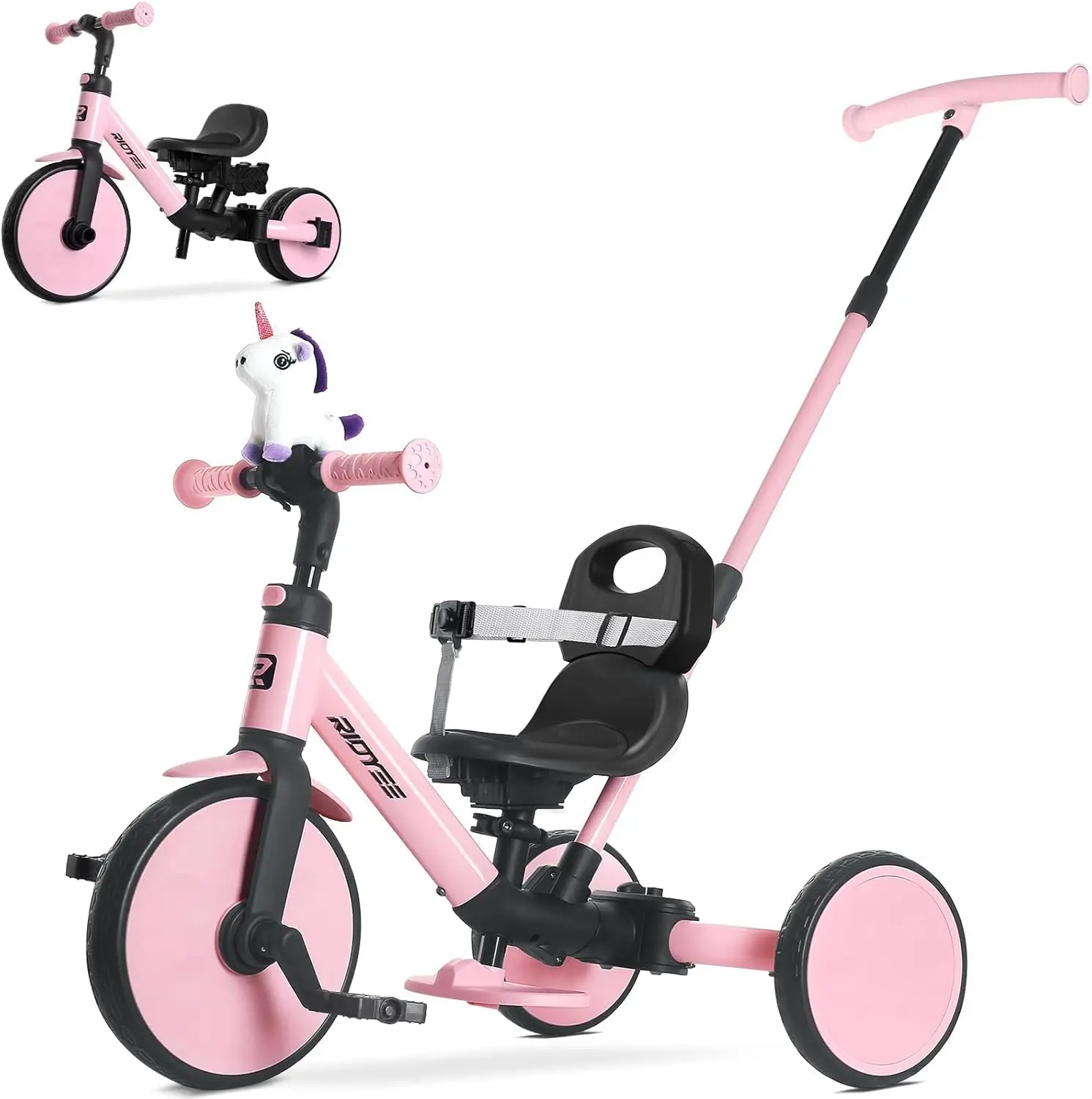 

5-in-1 Convertible Kids Tricycle for Toddlers 1.5-3, Tool-Free Push Trike to Balance Bike with Safety Belt, Pink Ride-On Toy