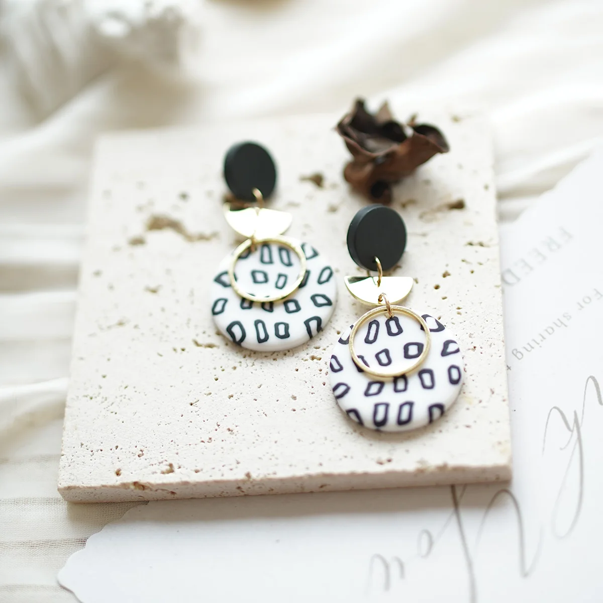 Artsy Black White Patterned Clay Earrings Minimalist Geometric Dangle Abstract Dalmatian Jewelry Monochrome Statement Earrings
