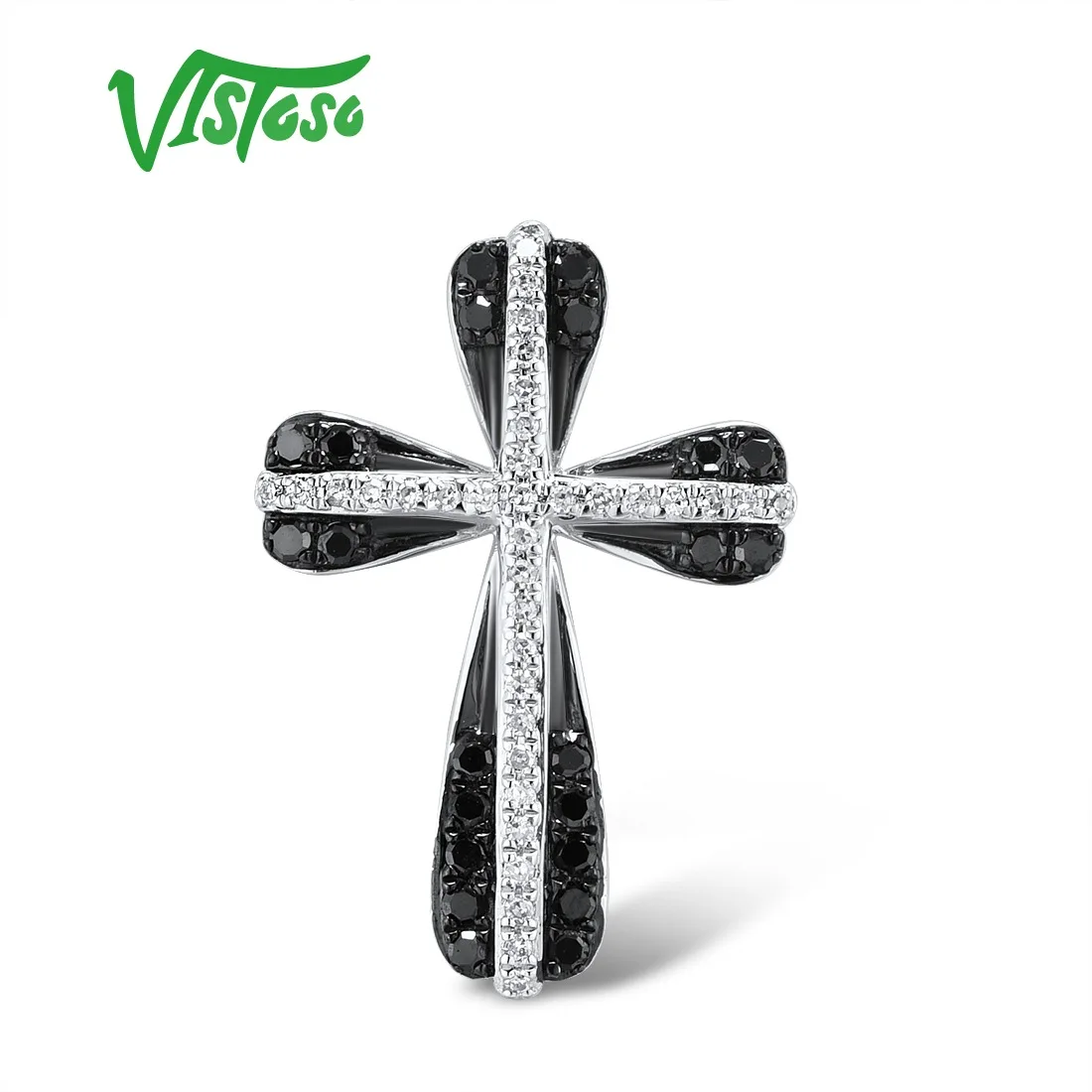 VISTOSO Gold Cross Pendants For Women Genuine 14K 585 White Gold Sparkling Black & White Diamond Delicate Gifts Fine Jewelry