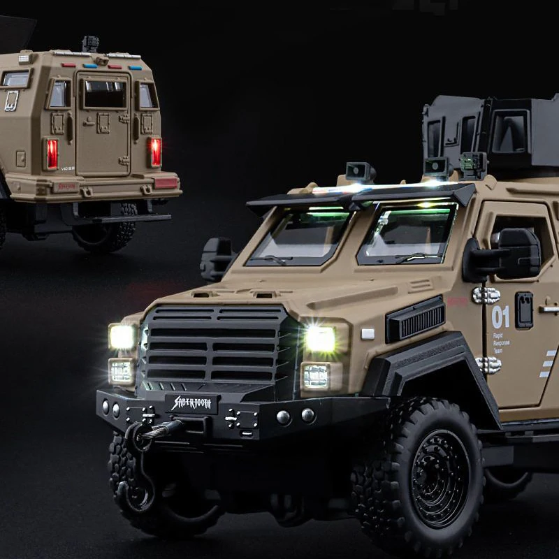 Modelo off-road blindado de tigre com dentes de sabre em escala 1:32, veículo à prova de explosão SWAT da polícia de liga de zinco com portas que podem ser abertas, som, luzes e puxar para trás - carro de brinquedo para presente de aniversário/natal para meninos