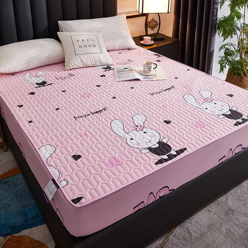 Cartoon Quilting Waterproof Fitted Sheet Cute Printed Padded Mattress Protector Skin-Friendly Non-Slip Mat with Elastic Band