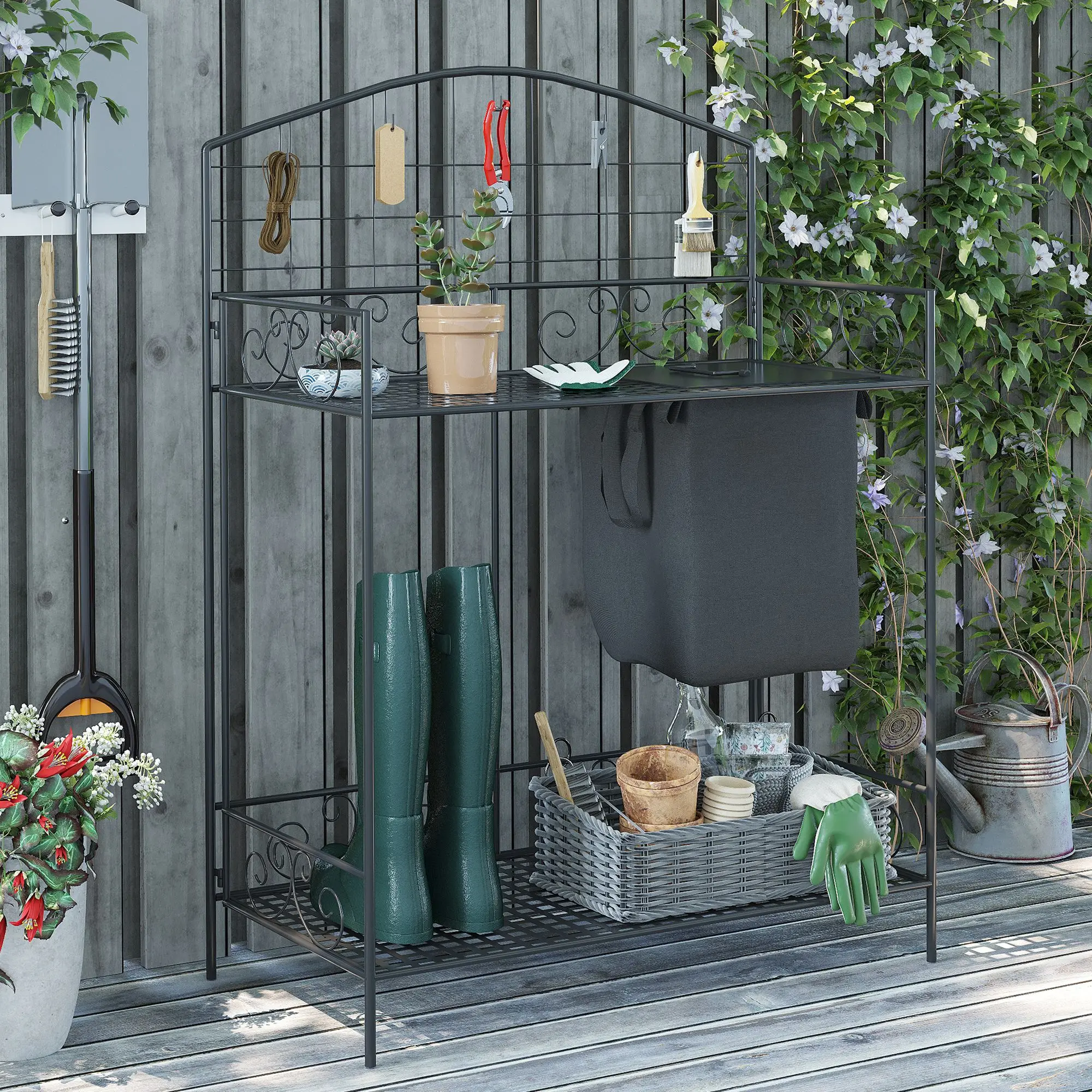 Outdoor Folding Potting Bench Table Metal Garden Planting Workstation w/ Bag