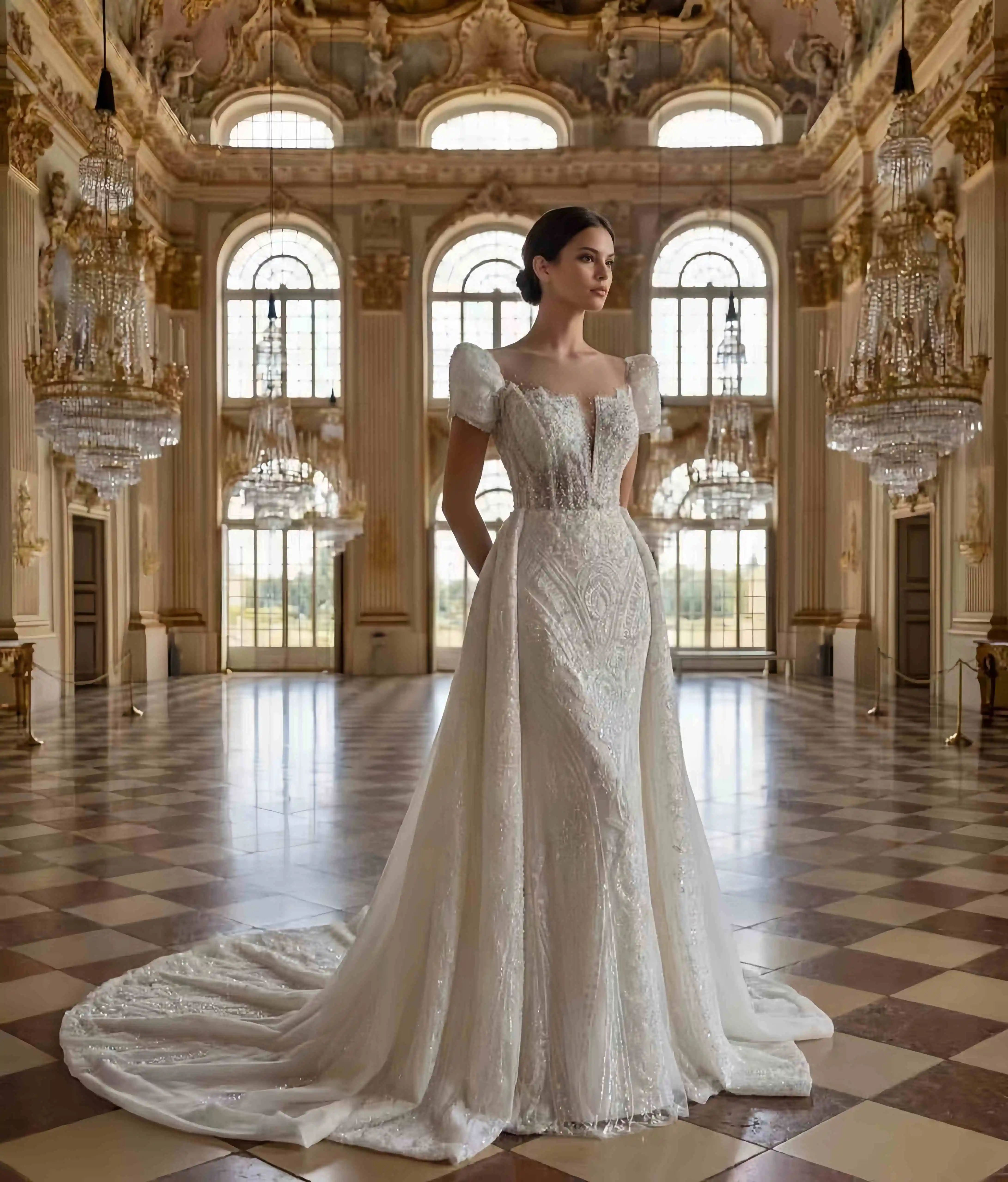 Customized Luxury Strapless Cap Sleeves Mermaid Sweep Train Wedding Dresses Removable Train Lace Appliques Lace Up Bridal Gowns