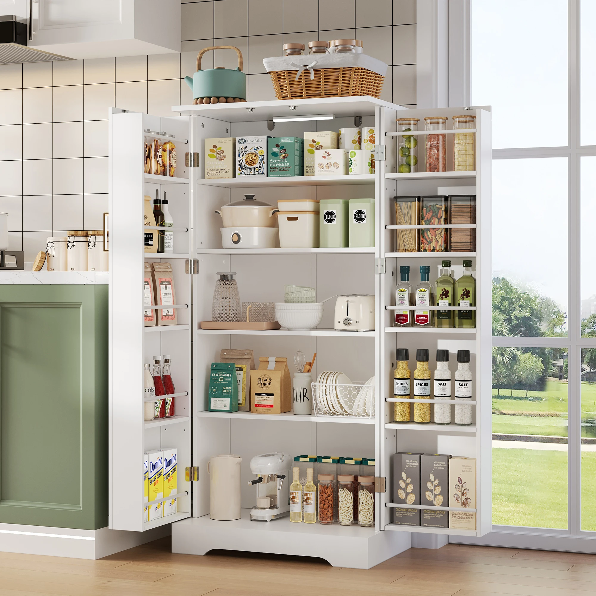 Keukenkast met LED-verlichting en verstelbare planken - Dubbele deur in wit MDF 60 × 35 × 128 cm