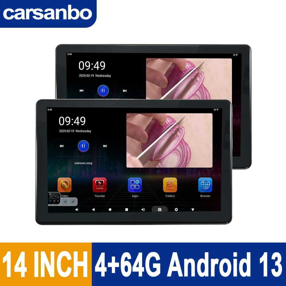 Carsanbo 14 Inch Android 13 Full Lamination Process External Headrest Display Adjustable Ambient Light Hdmi Input / Output