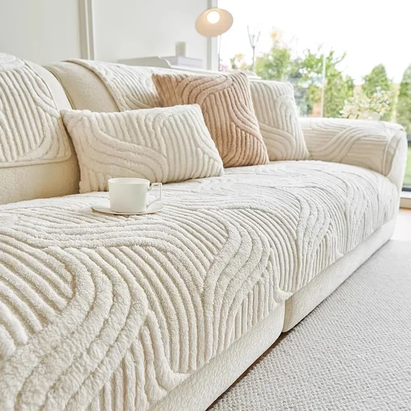 

1PC Wave Striped Sofa Cover Solid Color Thicken Plush Sofa Towel Covers Non-slip Couch Slipcovers Sofa Mat for Living Room