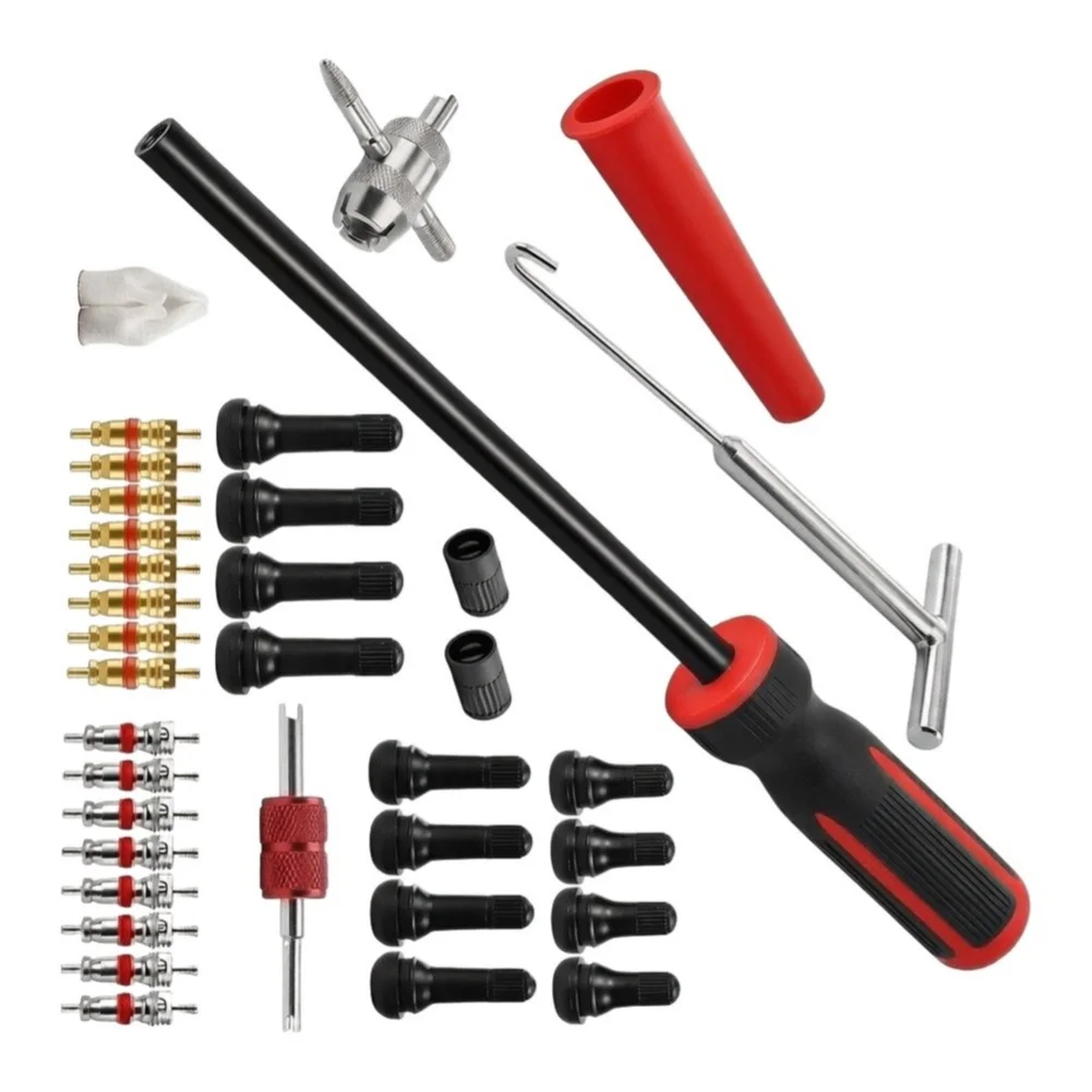 36 Piece Tire Valve For Stem Repair Kit Includes Puller Conical Tube 4 Way Wrench Gloves and Multiple For Stems