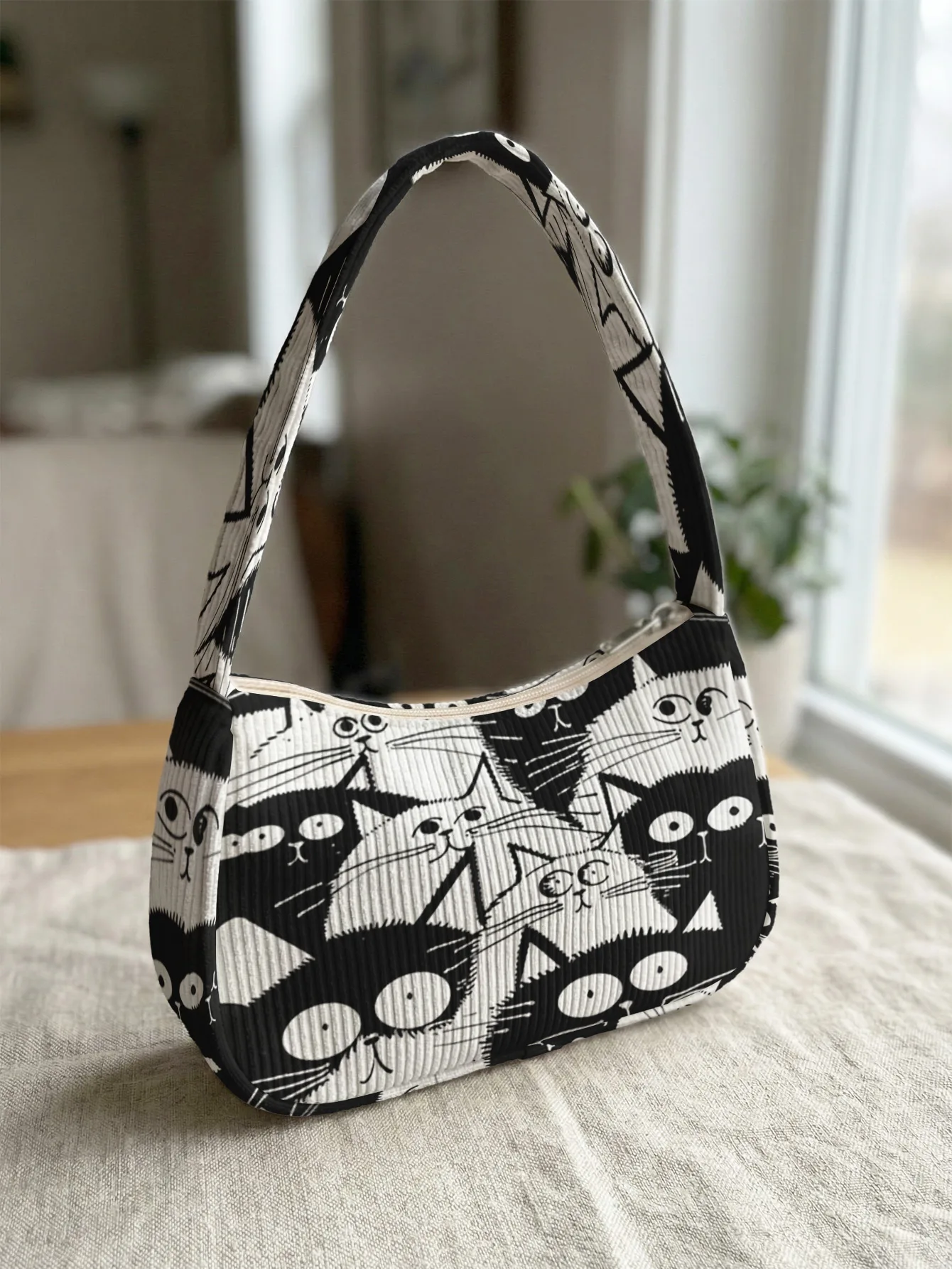 Trendy Black and White Cat Print Shoulder Bag, Corduroy Underarm Bag for Daily Casual Use