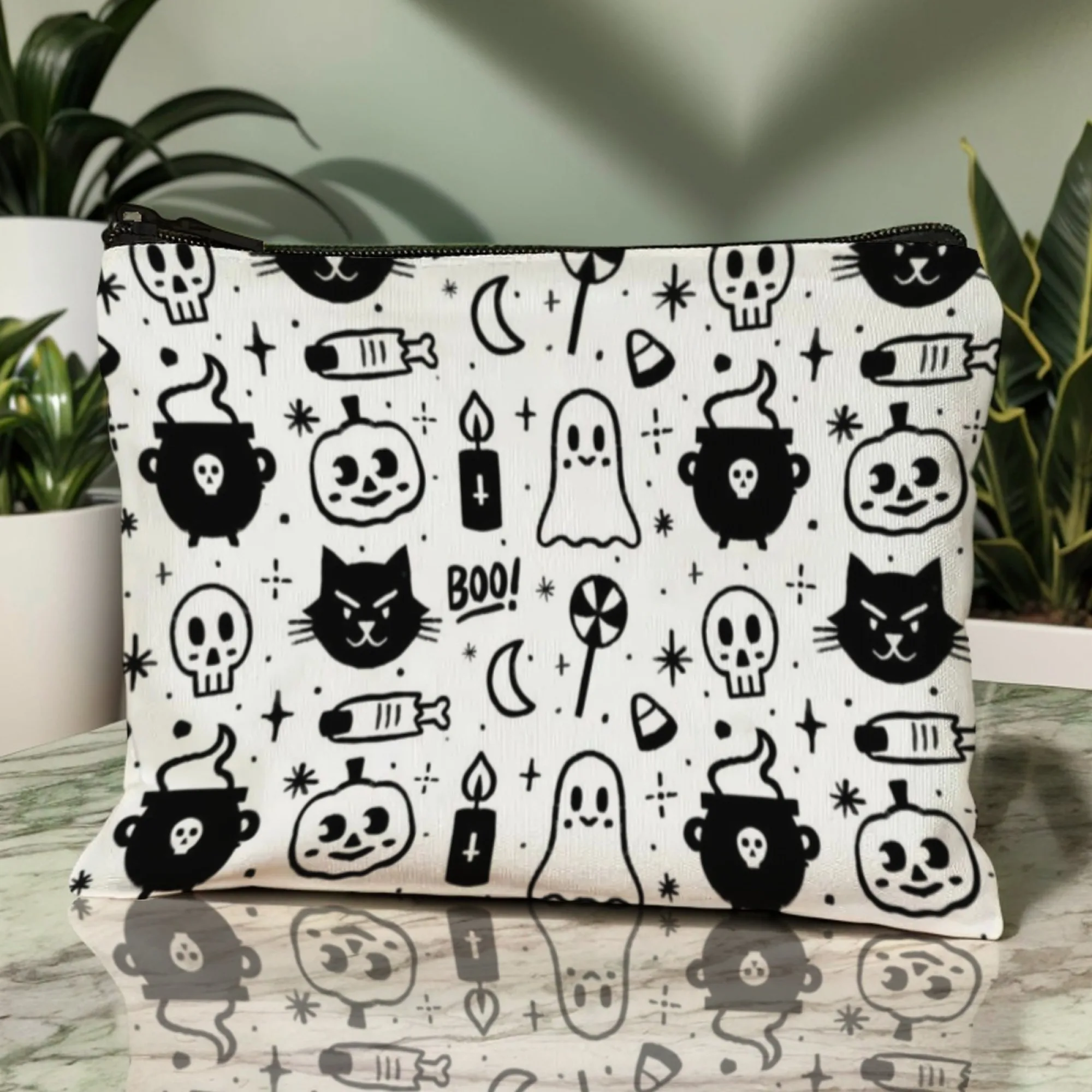 Halloween Theme Spooky Cartoon Cosmetic Bag Black & White Pumpkin Ghost Cat & Skull Print Organizer Pouch for Festival Lovers