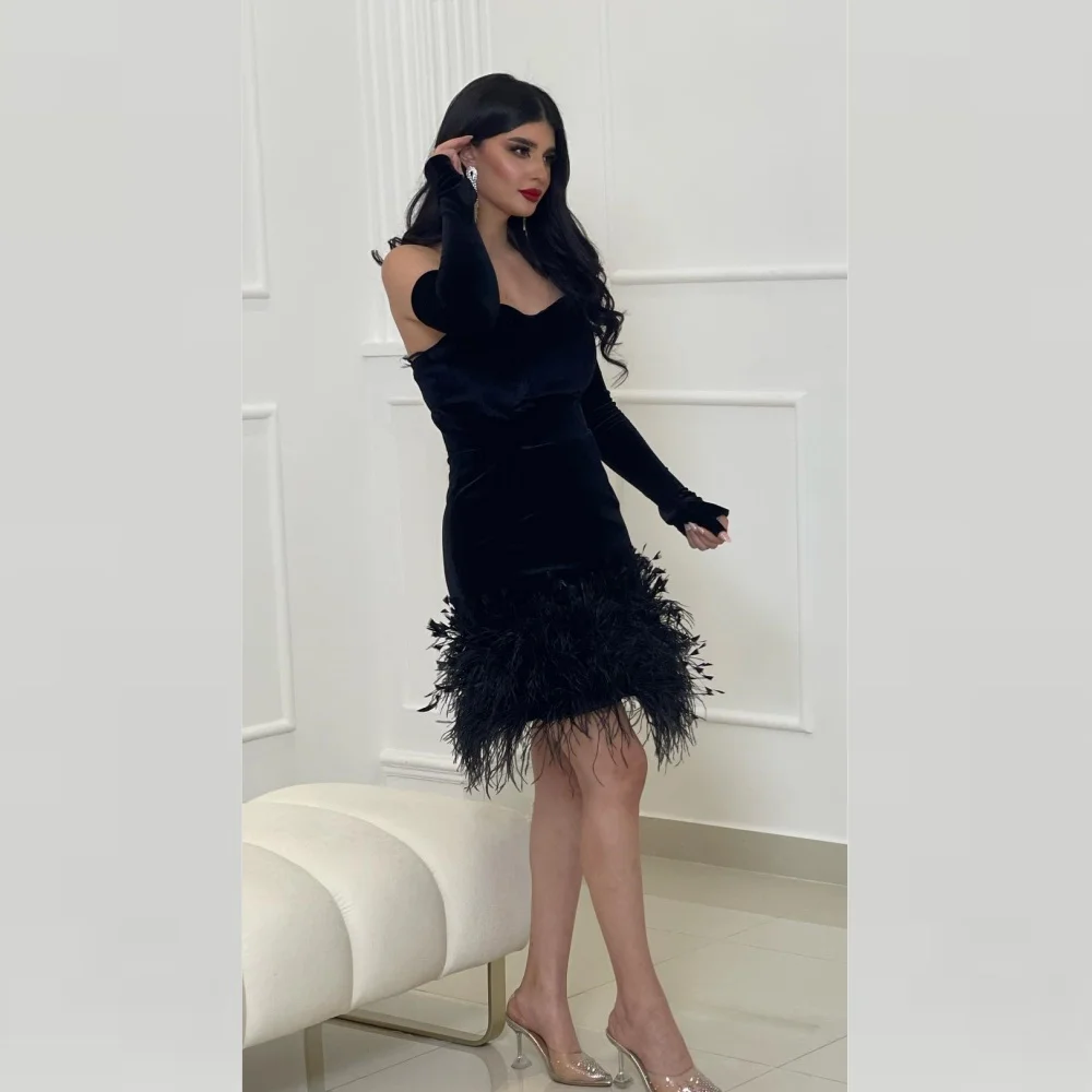 

High Quality Sparkle Exquisite Velour Feather Ruched Christmas A-line Off-the-shoulder Bespoke Occasion Gown Mini Dresses