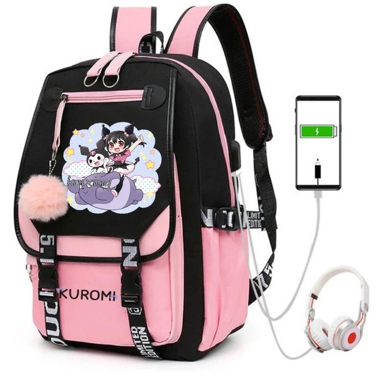 Bonito kuromi mochila feminina estudantes do ensino médio sacos de escola da menina carregamento usb grande capacidade diário infantil