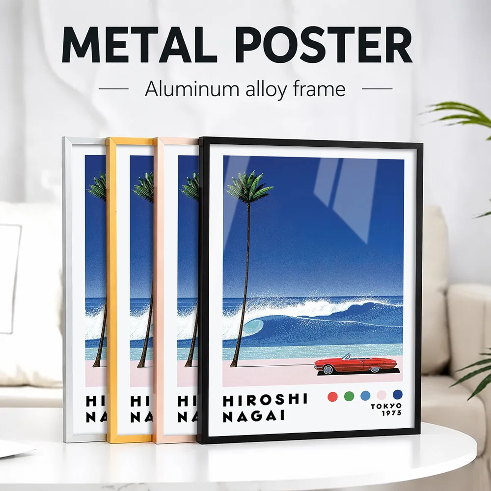Hiroshi Nagai: Beach Scene Featuring Car Metal Poster With Aluminum Alloy Frame Customized Photo Modern Style Wall Art For Study