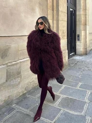 Women Elegant Solid Fluffy Faux Fur Thick Coat Fashion V Neck Long Sleeves Short Cardigan Outwears Autumn Winter Lady Outerwear