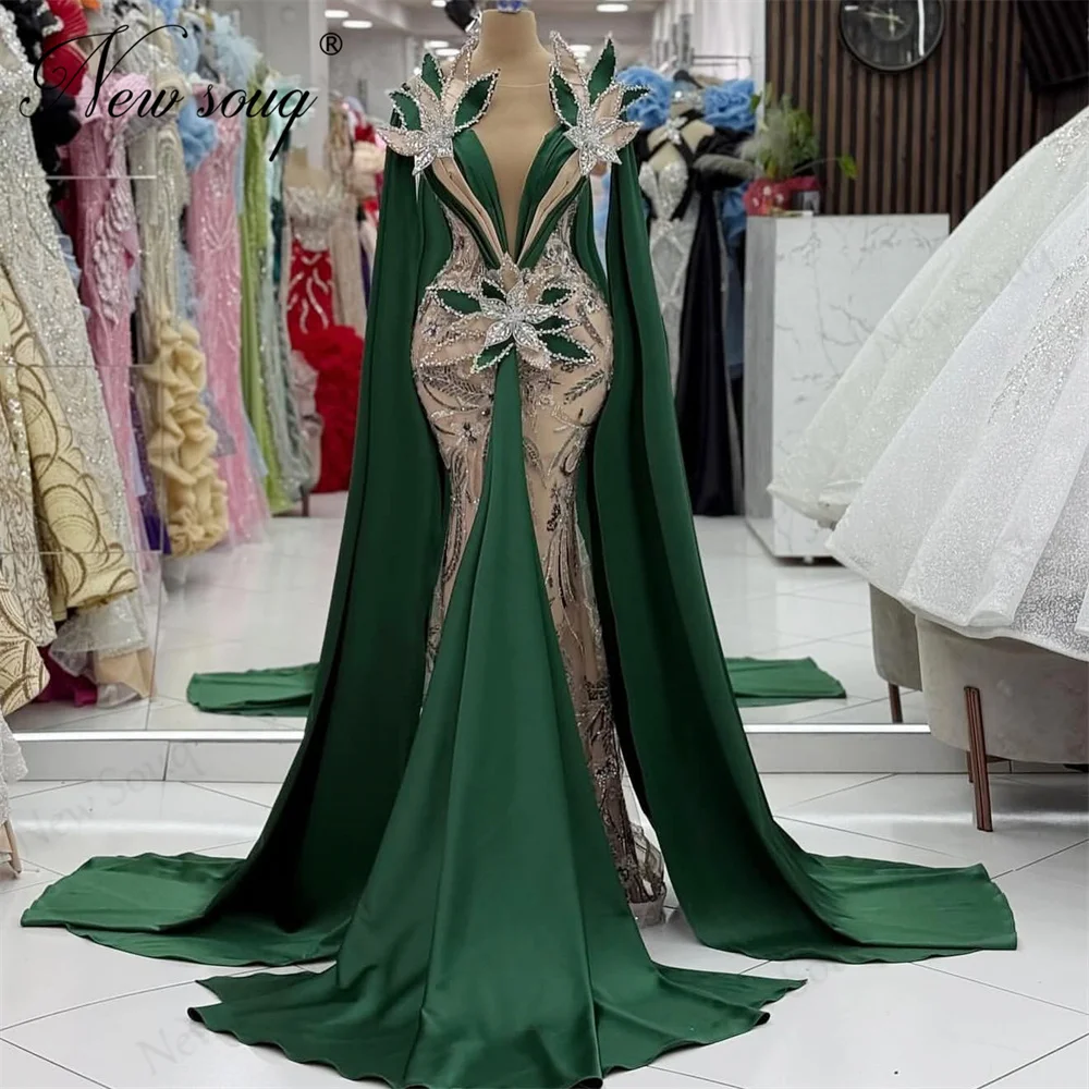 

Customized Green Cape Long Sleeves Evening Dresses Elegant Beads Crystals Birthday Party Second Reception Gowns Dubai Prom Dress
