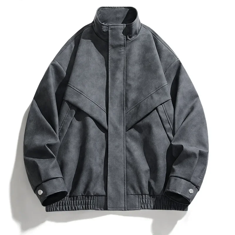 

Autumn Man Bomber Jacket American Retro Stand Collar Male Leather Coat Windproof Long Sleeve Zipper Oversize Men Windbreaker