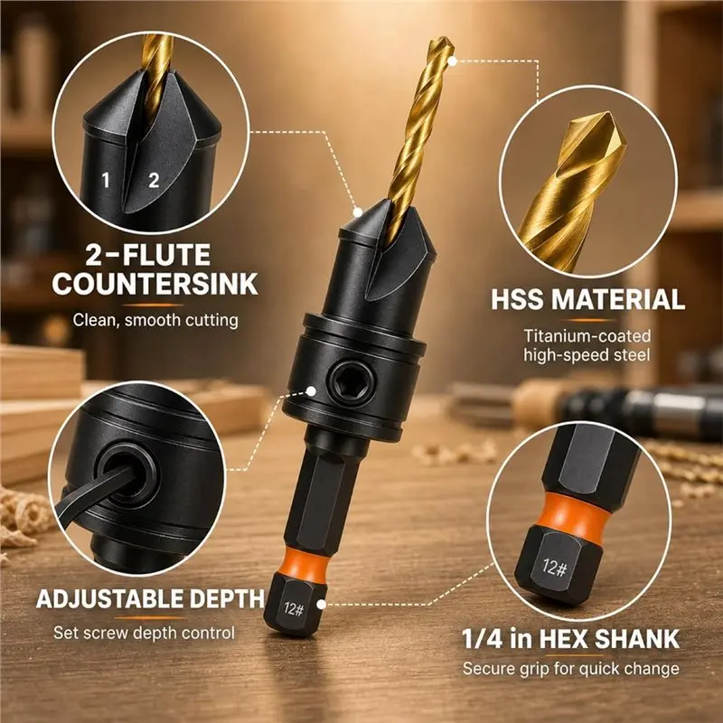AAAN-HSS Hexagonal Countersunk Drill Bitwoodworking Countersink Drill Bit Set Double Slot Double-Edged Drilling Power Tool Parts