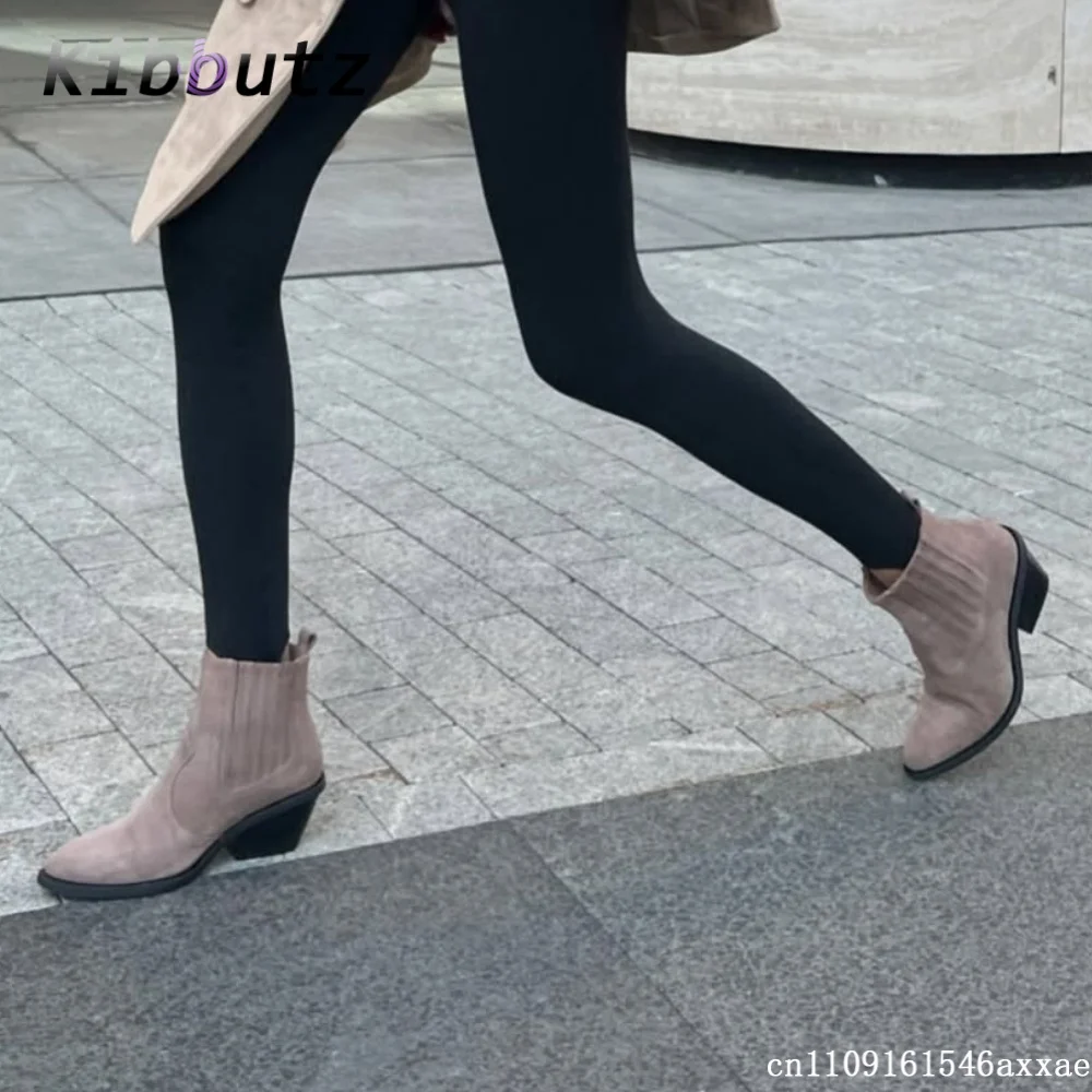 Pointed Toe Slip On Western Ankle Boots Women's Suede Leather Chunky Heel Elastic Side Panel Short Boots Autumn Fashion Shoes
