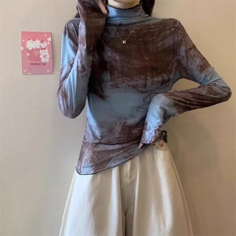 Women Y2K Long Sleeve Tshirt Tie Dye Printed Mesh Sunscreen Slim Fit Slimming Top Autumn Fashion