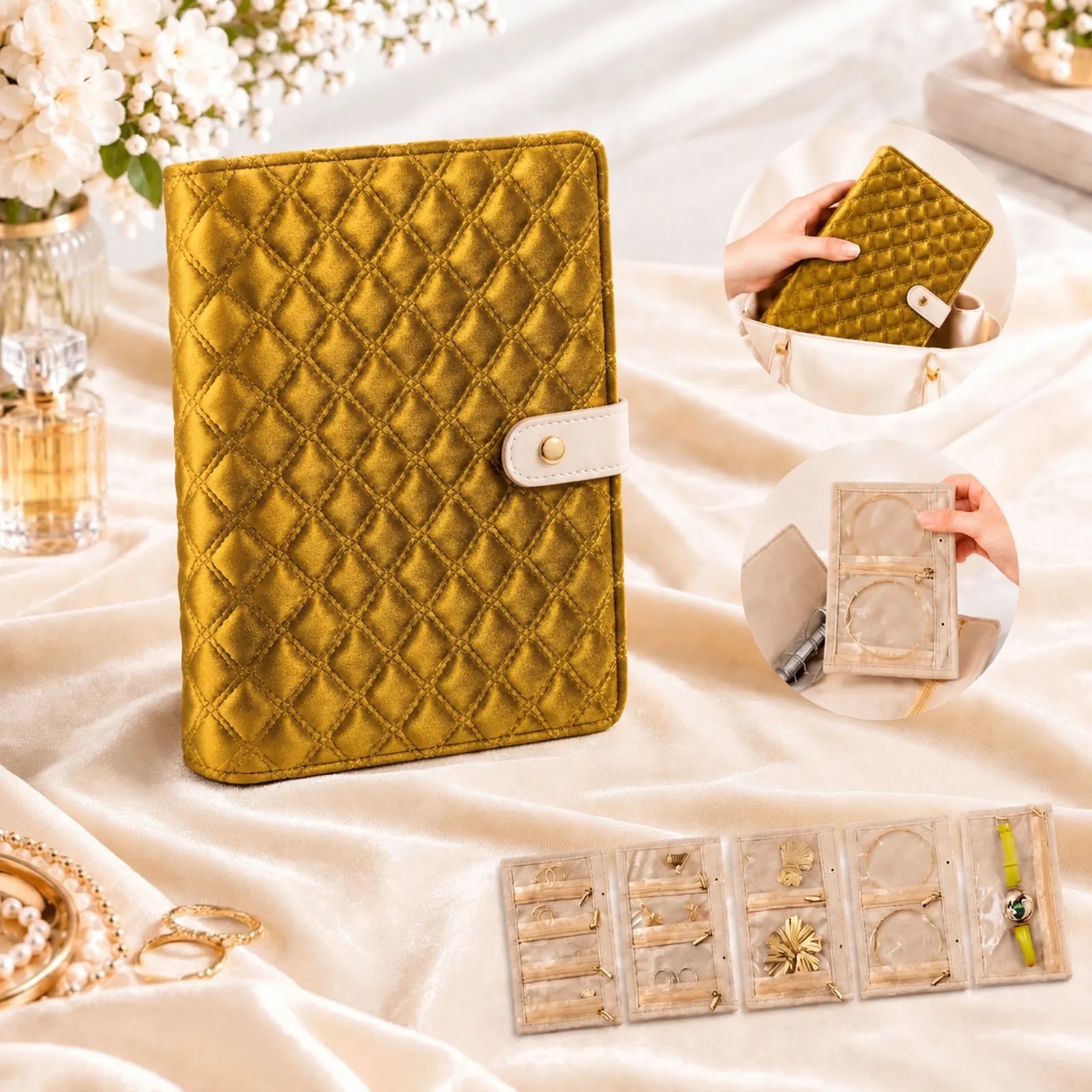 Portable Travel Jewelry Case Organizer: Compact Velvet Binder Storage Book - Detachable‑Page Binder Organizer with Zipper Pockets for Earring Necklace Bracelet Ring - Secure Storage for Work & Daily Use