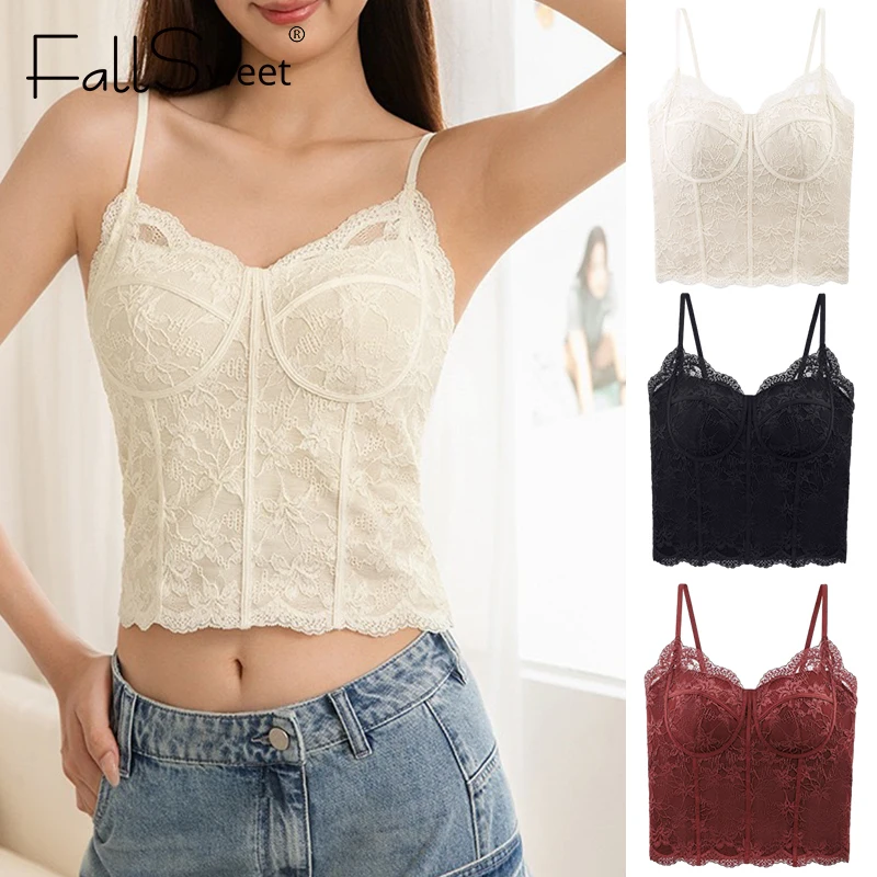FallSweet Sexy Lace Camisole with Built-in Bra for Women French V-Neck Backless Wireless Bralette Comfortable Invisible Lingerie