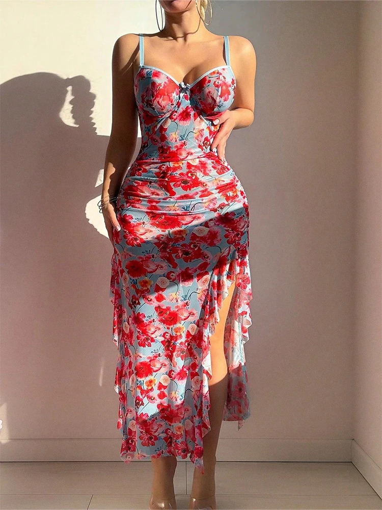 

Spring Summer Floral Print Slim Chiffon Dress Female Fashion V Neck Ruffle Long Dress Elegant Sleeveless Party Dresses Vestidos
